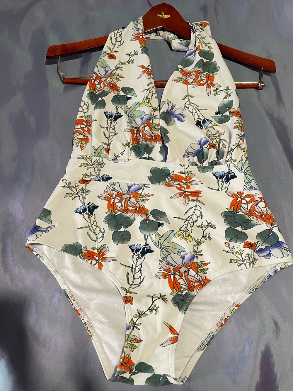 Floral Halter One-Piece Swimsuit - Cream with Orange & Green
